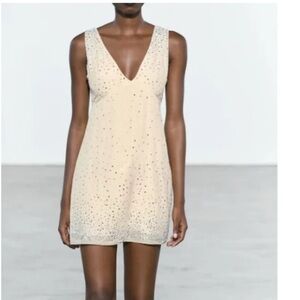Zara ZW Collection Sparkly Rhinestones Cream Sleeveless Mini Dress Sz M
